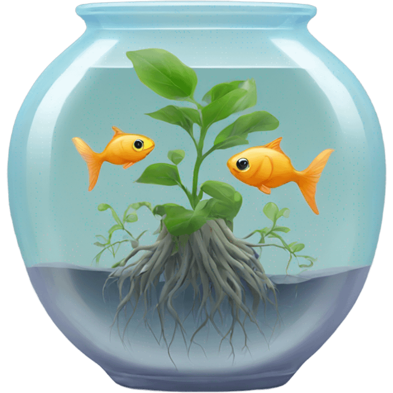 fishes in a clear vase with plant roots emoji