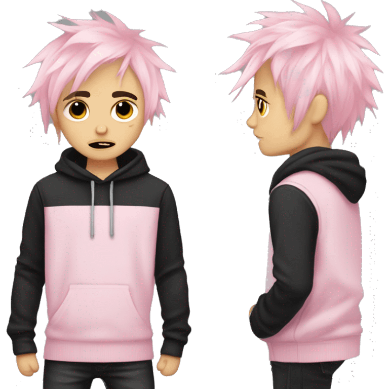 Create an emoji of an emo guy with split-dyed hair—one side pastel pink and the other side black. The hair should have a slightly messy, choppy texture, and the character should have a subtle, sad expression, wearing dark clothing typical of emo fashion emoji