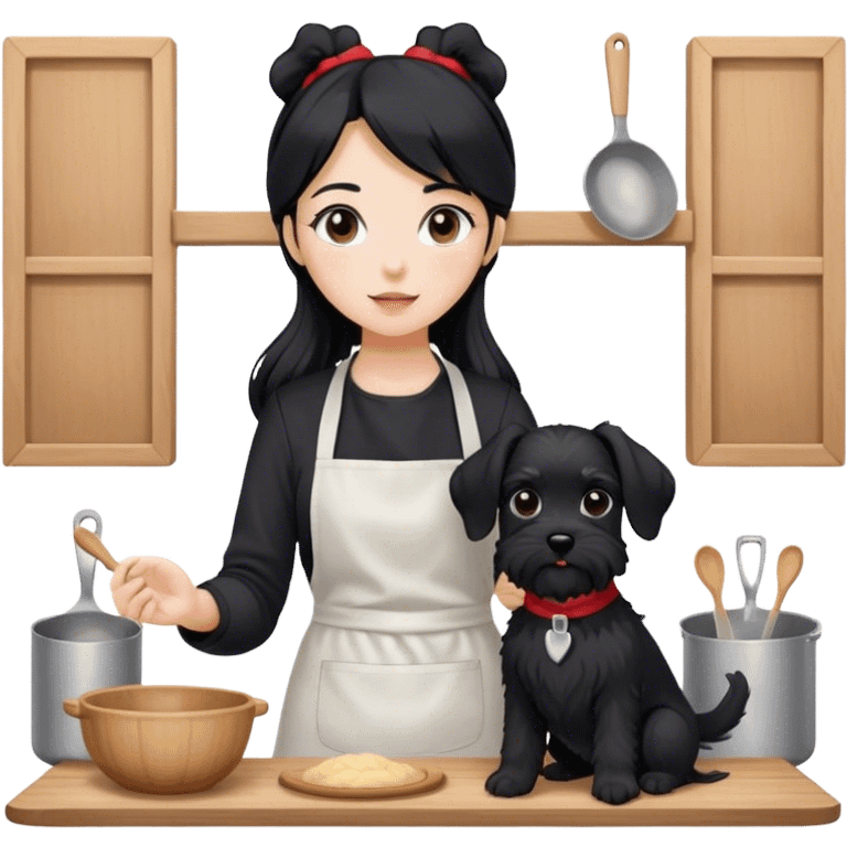 pale girl with long black hair wearing black long sleeve tshirt wearing apron and baking holding black floppy ear schnauzer emoji