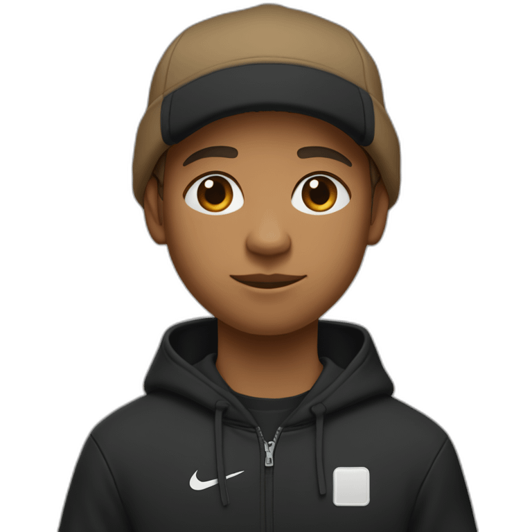 light brown boy with hair until his ears wearing a black nike cap and nike hoodie and black pants medium eye opening emoji