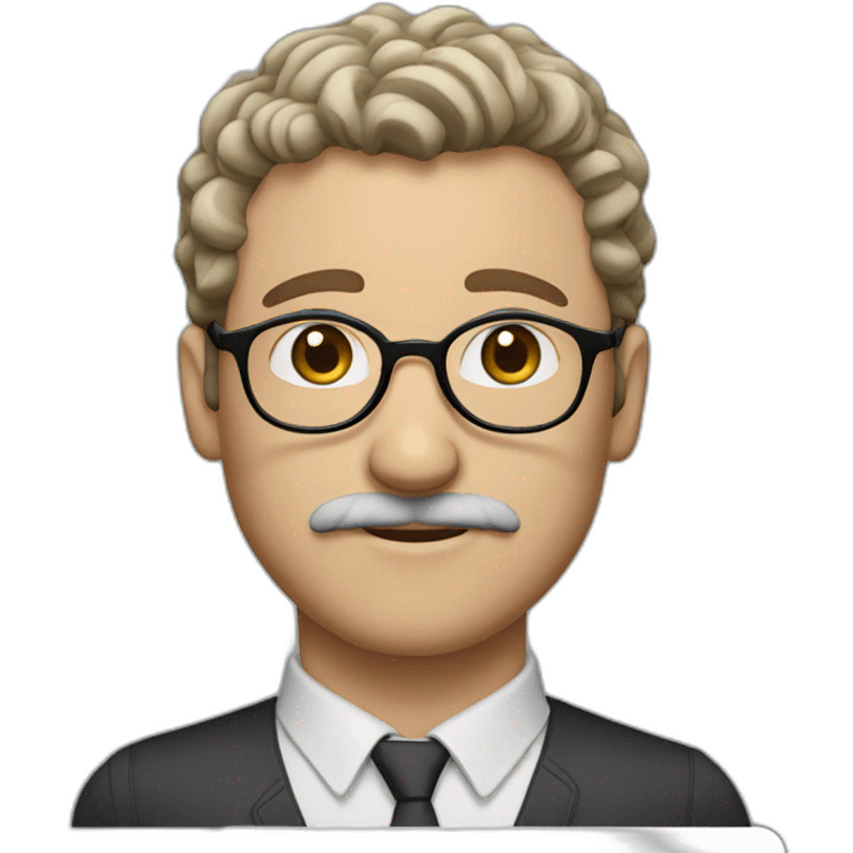 white man with short curly dark brown hair, blue eyes, round eyeglasses and a brown mustache emoji