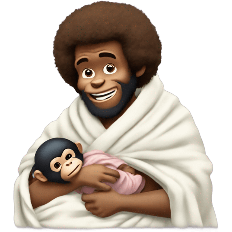 Human Bob Ross bottle feeding a new born baby chimpanzee wrapped in a blanket emoji