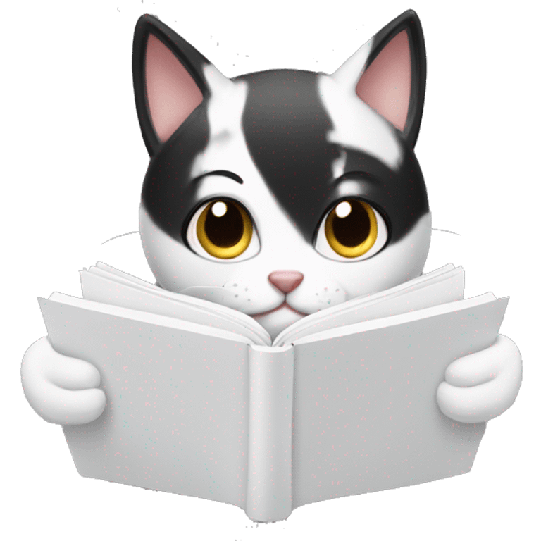 A cute black and white cat reading a blog emoji