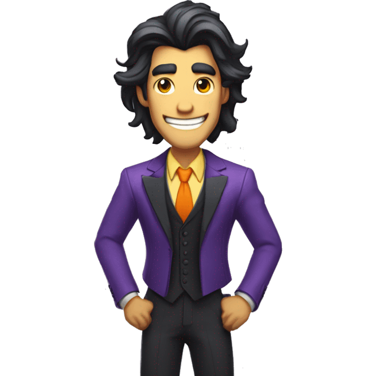 A thin, tall man with gray skin, long black hair, the man has a purple suit vest and an orange shirt, he has a big smile with yellow teeth in the style of the Hazbin Hotel. emoji