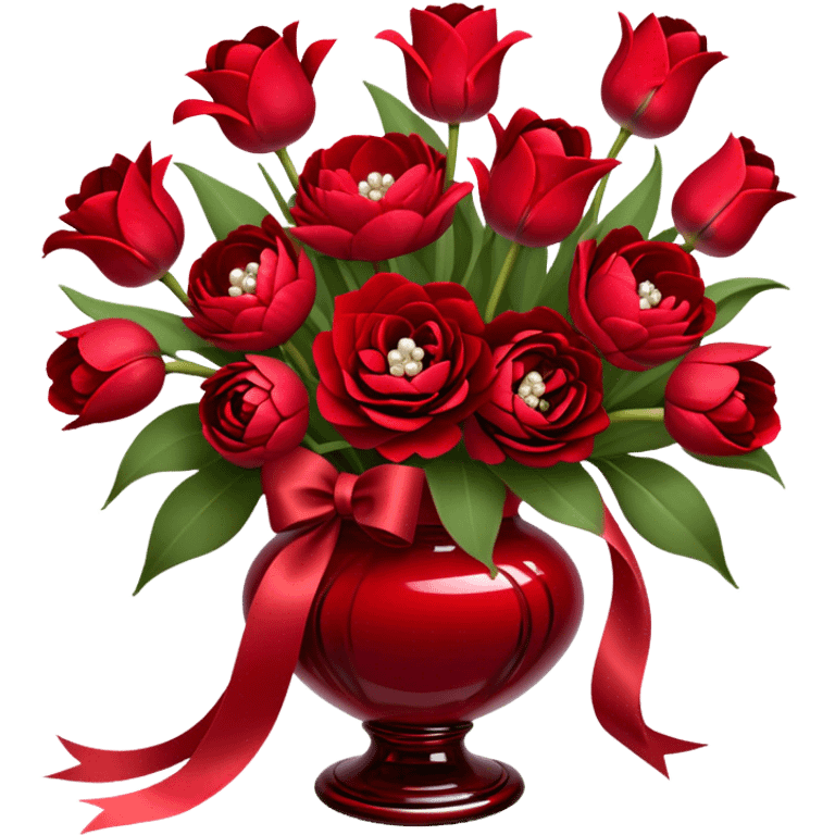 "A luxurious bouquet featuring deep red roses, vibrant red tulips, lush red peonies, and delicate red pansies, all tied together with elegant pearl-colored silk ribbons, arranged in a stunning crimson glass vase, set against a softly lit background."
 emoji