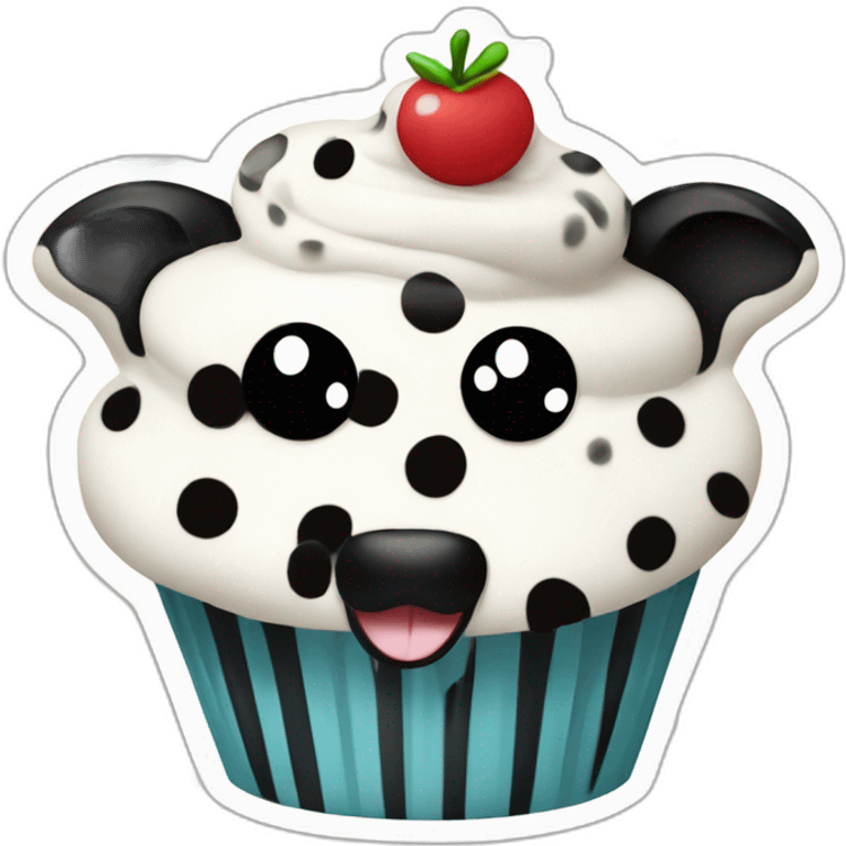 Happy cupcake with black and white cow spots emoji