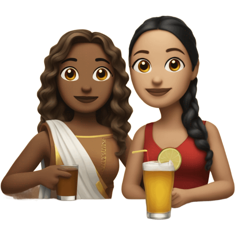 puerto rican woman light skin with shoulder-length, wavy, brown hair drinking latte with Roman woman with black, straight hair drinking espresso at table emoji