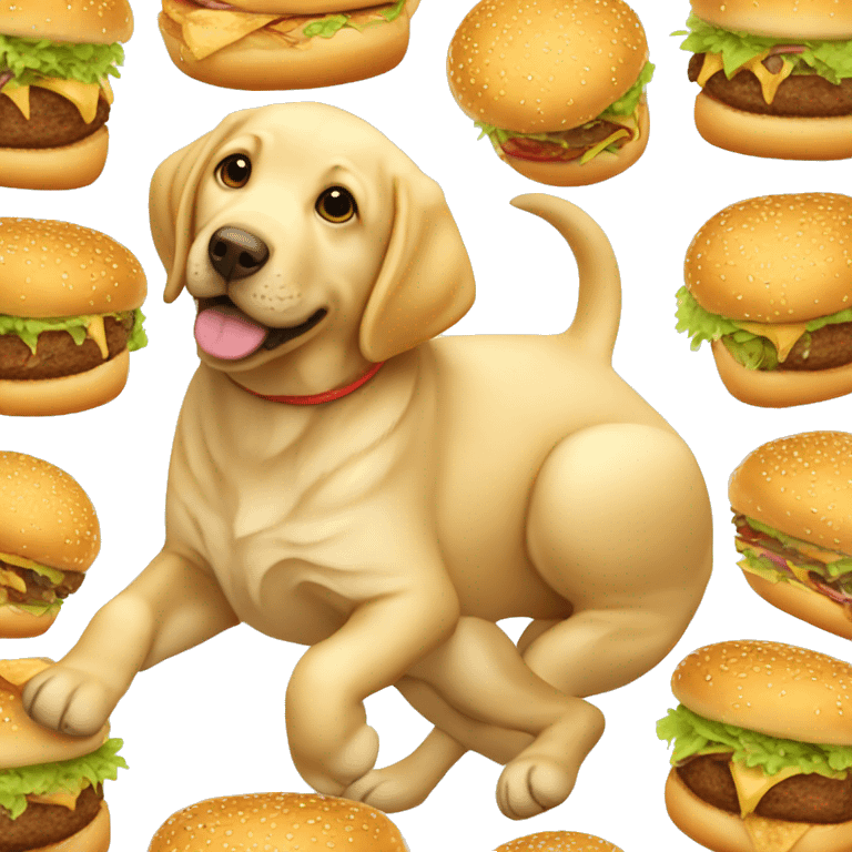 Cute golden Labrador puppy with a big burger emoji