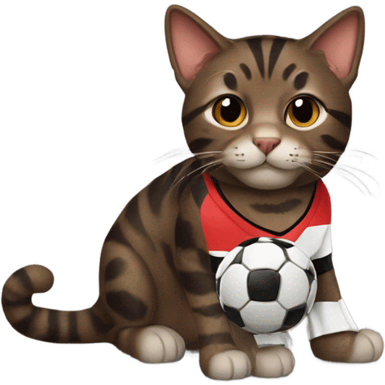 Dark brown tabby cat wearing a soccer jersey emoji