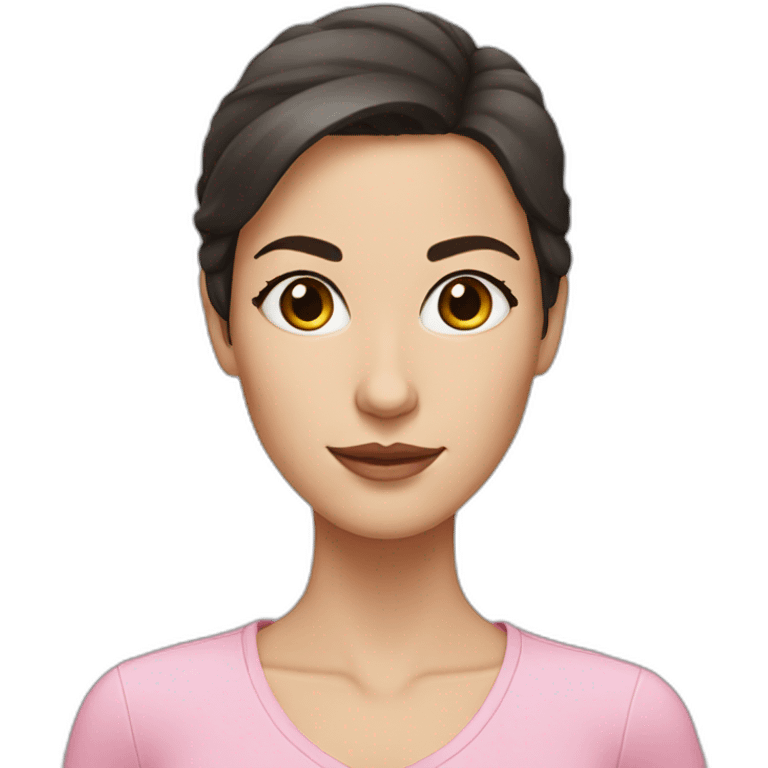 woman with dark brown hair and grey eyes in pink emoji