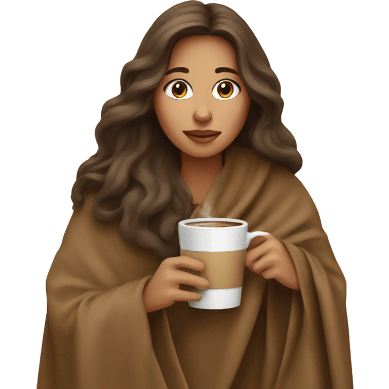 Brown long hair lady wearing light brown blanket drinking coffee  emoji