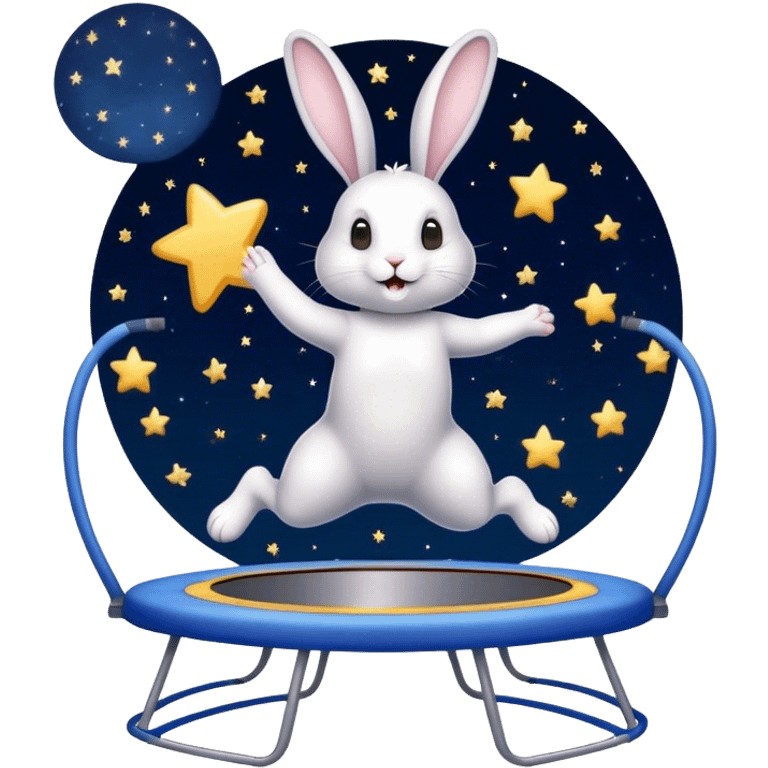 rabbit jumping on trampoline with starry sky and mirror emoji