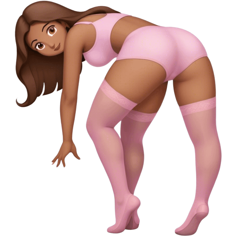 curvy brown long hair and brown eyes, intimate bending over arched back sfw light pink nylon stocking pose emoji