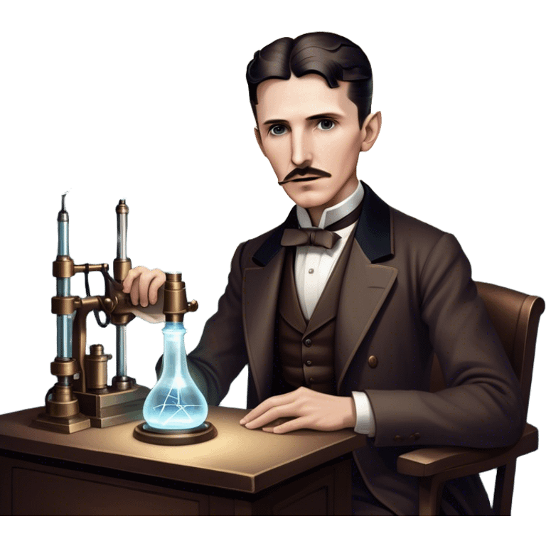 Nikola Tesla – Cinematic Realistic Portrait of Nikola Tesla, depicted as a visionary inventor with intense, thoughtful eyes and period attire, surrounded by subtle arcs of electric light and early laboratory apparatus, rendered with dramatic lighting that evokes mystery and innovation. emoji