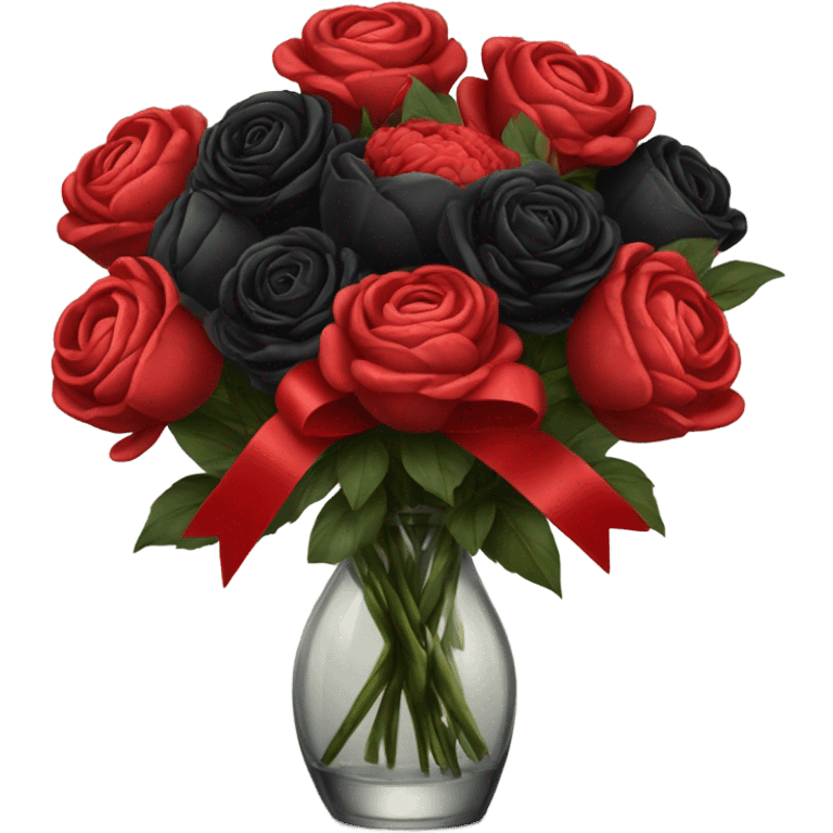 bouquet of black roses and red peonies tied with a red ribbon in a glass vase emoji