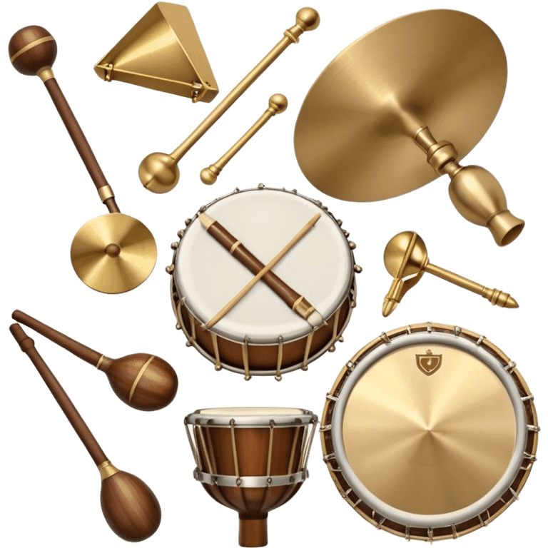 Create a heraldic, festive, and professional emblem-like emoji representing percussion instruments. The design should resemble a traditional crest, featuring a range of percussion instruments like cymbals, triangle, tambourine, maracas, timpani, and other traditional and folk percussion instruments. Arrange them symmetrically, with elements like cymbals crossing each other, a triangle at the center, and timpani or drums flanking the sides. The instruments should be depicted with metallic and wooden tones—shiny brass for cymbals, silver for the triangle, and rich wood or polished bronze for drums. Include ornate details like engraved patterns on the instruments, decorative swirls or laurels, and subtle accents to add elegance and festivity to the composition. The overall design should be cohesive, balanced, and visually striking, suitable for use as a prestigious emblem. The background should be transparent. emoji