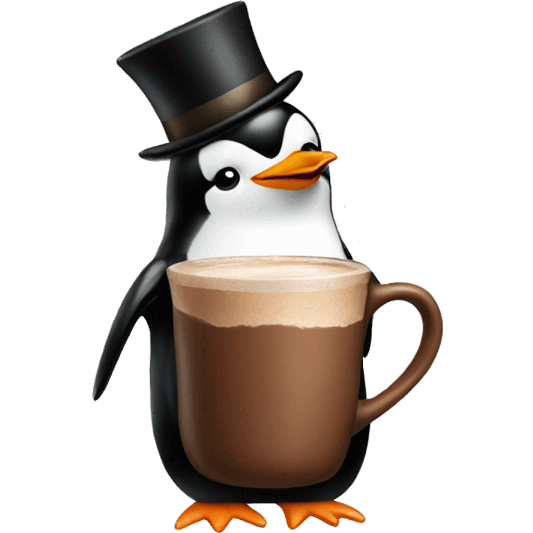 Penguin drinking hot chocolate with a top hat emoji