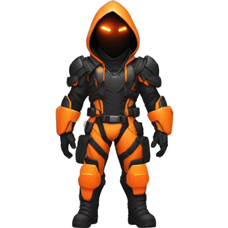  developer behind his laptop with this style : crysis Cyberpunk Valorant orange glowing bright orange character orange black hooded assassin themed character emoji