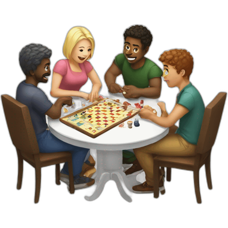 Four white friends playing board game emoji