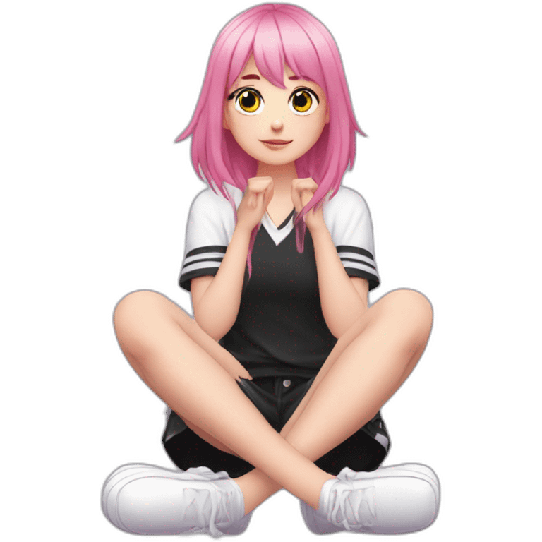 Full body Front view curvy emo girl pink hair sits on the floor straight view hands up black skirt белые трусики emoji