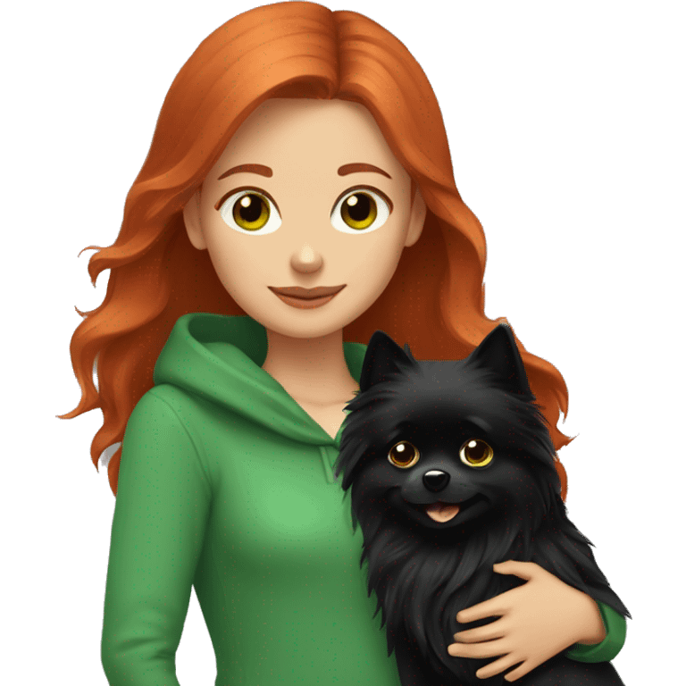 Red-haired-girl-with-green-eyes -hugs-her-black-pomeranian-dog emoji