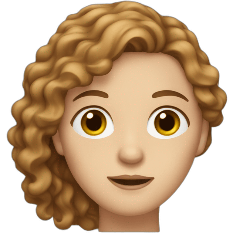 A white woman with brown wavy hair, a strand of hair covering the left eye. emoji