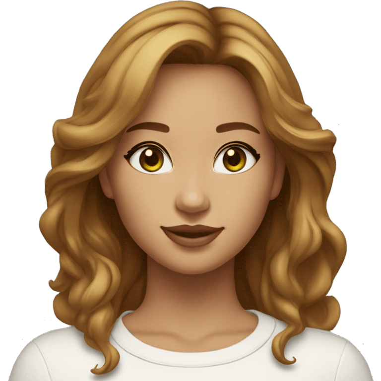 Female, 30 years old, light skin but tanned, green/honey eyes, thick wavy light brown hair cut in layers shaggy style, small gold earrings, white turtleneck T-shirt emoji