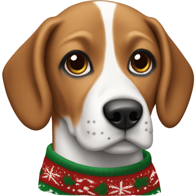 A brown and white beagle in a Christmas sweater emoji