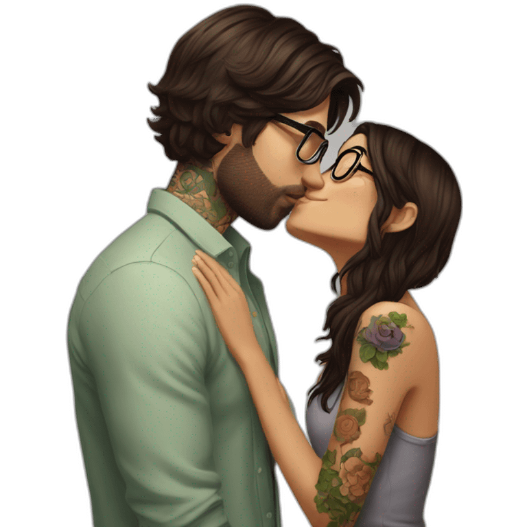 Brazilian long brown hair girl wearing glasses, kissing Irish dark short hair guy who has many tattoos emoji