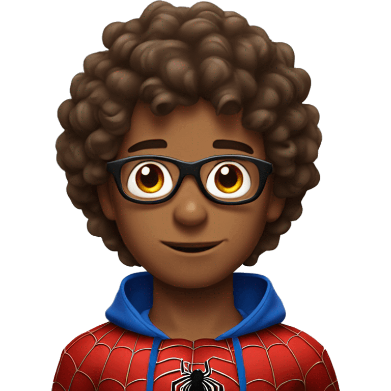 boy with curly brown hair dressed as spider man emoji