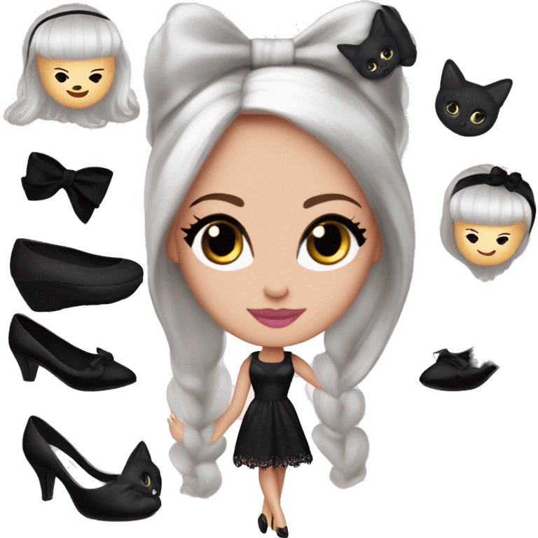 Darya Barbie. Teen Morticia Addams. dress, opera gloves,pumps, bracelet, earrings, Cuddling up with Slippers the kitten.hair ribbon  emoji