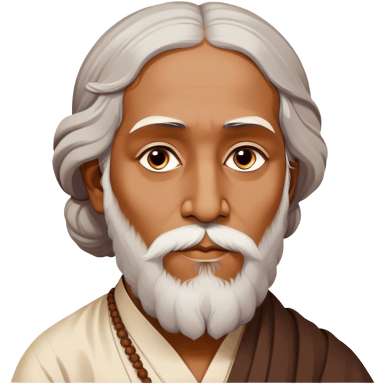 Rabindranath Tagore – Cinematic Realistic Portrait of Rabindranath Tagore, depicted with thoughtful, soulful eyes and gentle features, dressed in traditional Bengali attire with subtle artistic motifs, bathed in warm, soft lighting that evokes his poetic genius and timeless wisdom. emoji