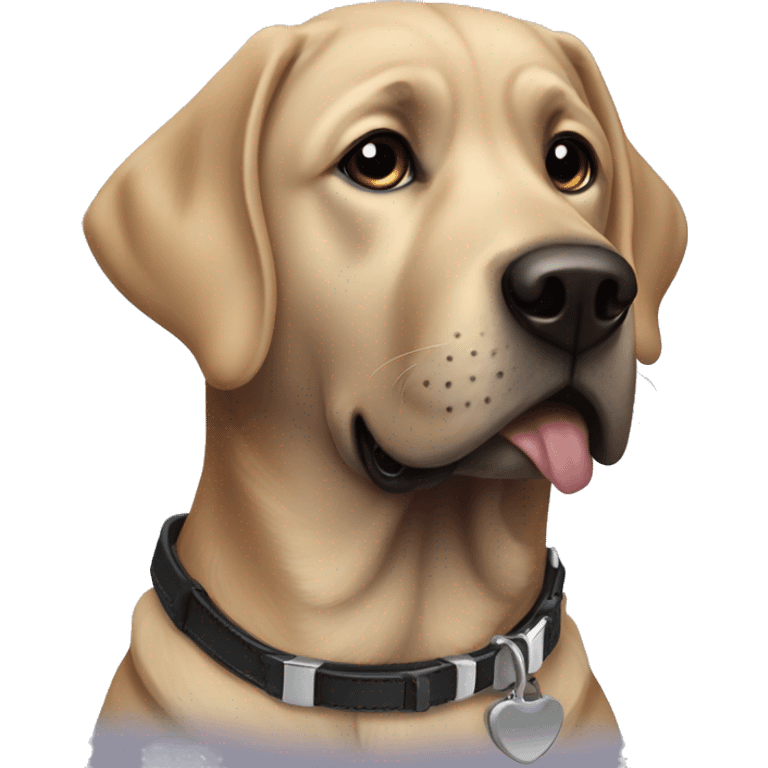 A black lab dog that has a collar that that says Gus emoji