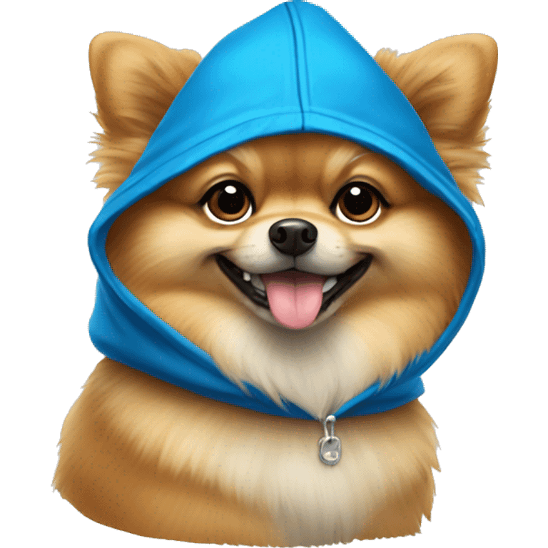 Pomeranian dog wearing blue hat and hood emoji