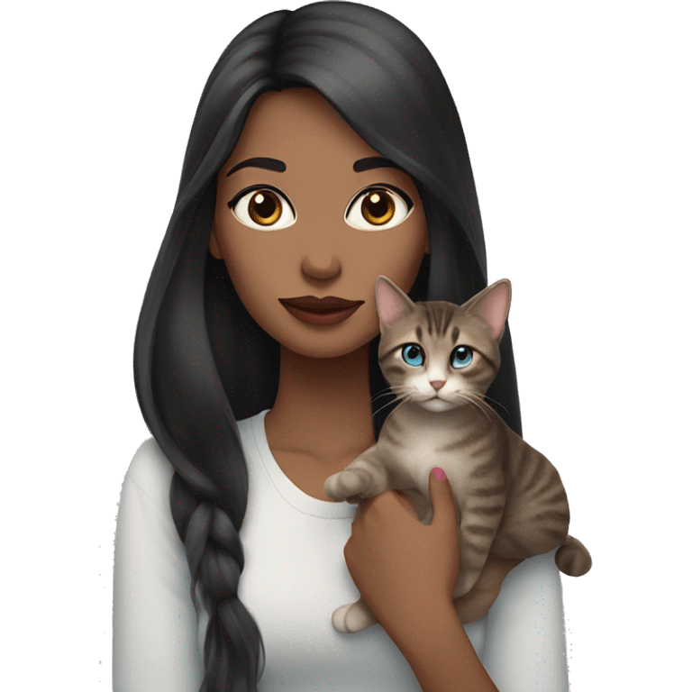 Woman with dark long hair, pink lips and blue eyes holding a tabby cat  emoji