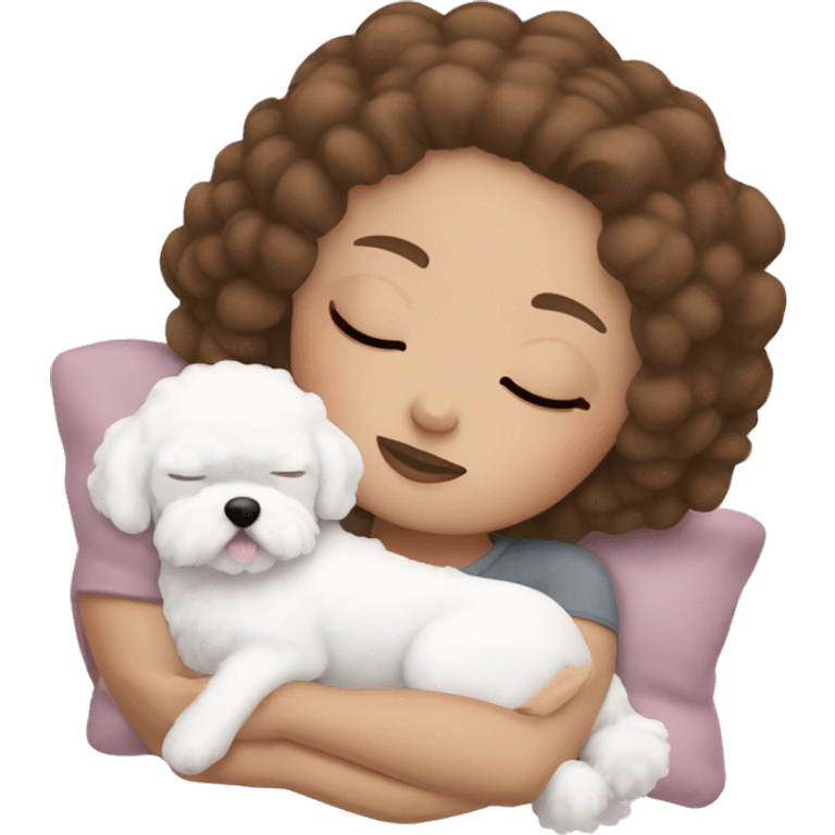 White girl brown hair sleeping with Mini Bichon emoji