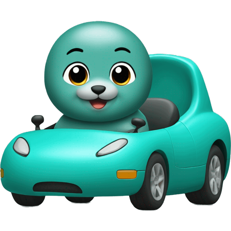 teal seal sitting in teal racecar side view emoji