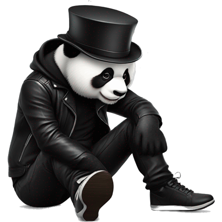 A panda with a top hat in a black leather jacket fashionable pants color Very dark so black and sports shoes of different colors Saying hello how are you emoji