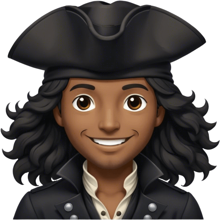 A charismatic pirate with wavy black hair, wearing a black tricorn hat and a sleek black coat with silver buttons, smiling confidently. emoji