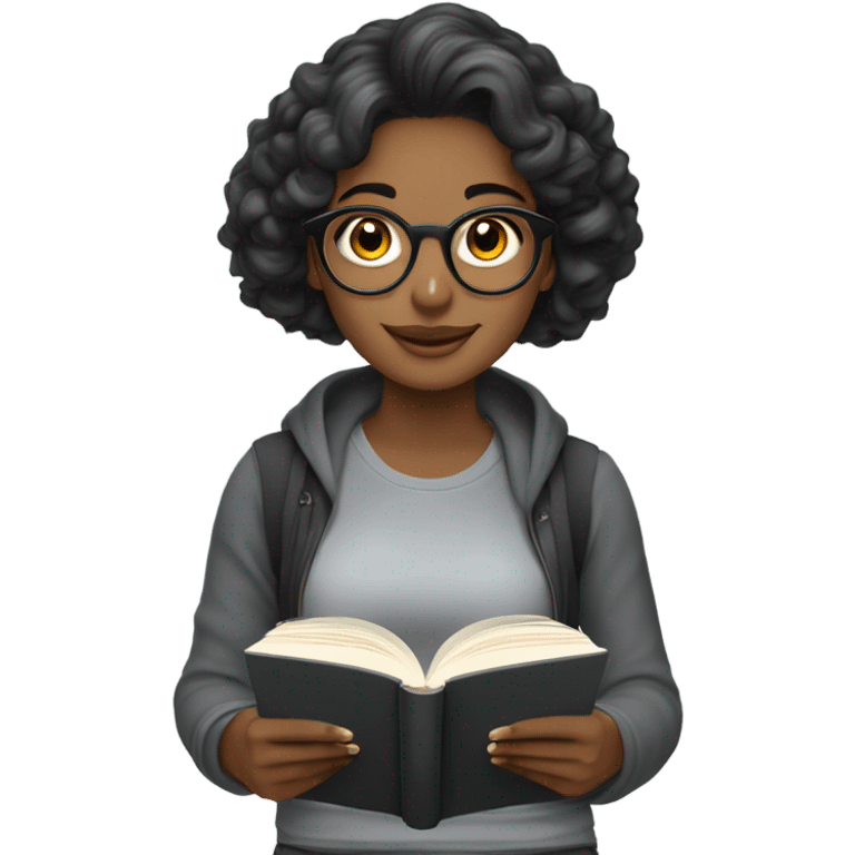 una chica de pelo medio ondulado negro y media morena con top gris leyendo un libro con audifonos emoji