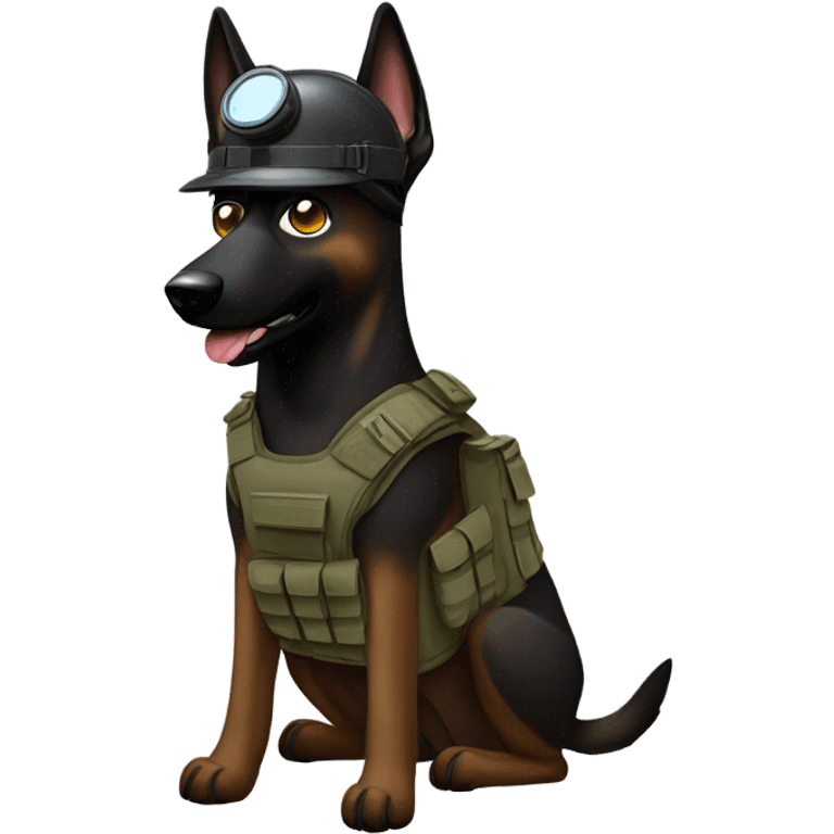 Dark Belgian malinois, tactical vest, tactical helmet, goggles emoji