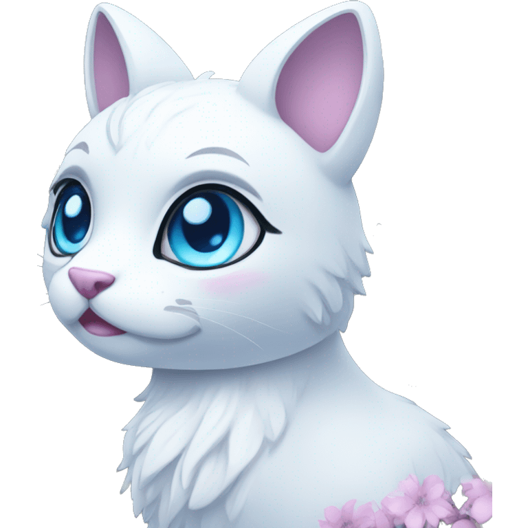 Edgy Cute Cool Kawaii gorgeous sparkly ethereal white fantasy animal with blue eyes sona with flowers and butterflies emoji