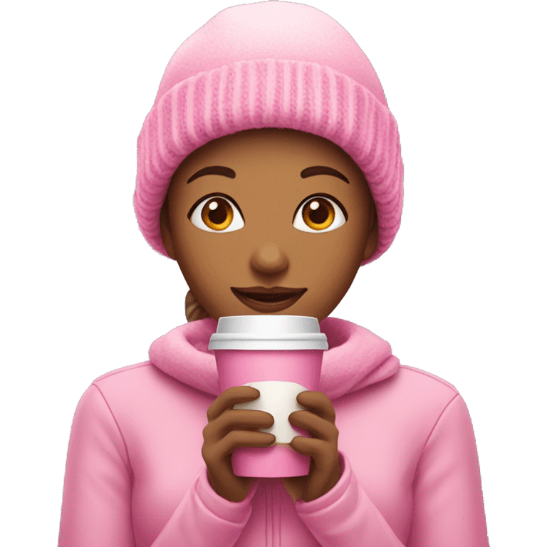 girl with pink snow hat with coffee in her hands emoji