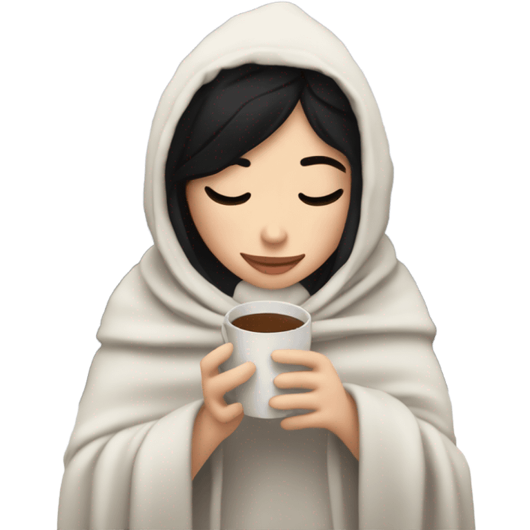 white girl with black hair inside a blanket sipping coffee eyes closed emoji