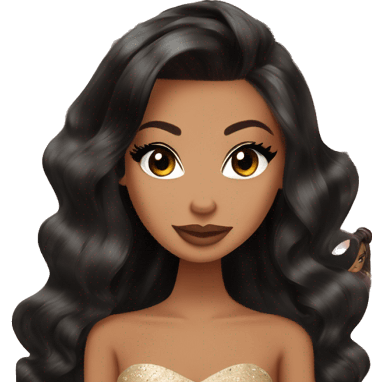 Bratz, club, cocktail dress, black to brown balayage hair, half up half down hair, olive skin, brown almond winged eyeliner with big lashes emoji