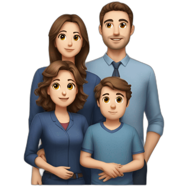 Family photo with father 28 years old 110kg space engineer with brown hair, mother school teacher 27 years old 100kg brown eyes and brown hair, baby boy 15 months brown hair emoji