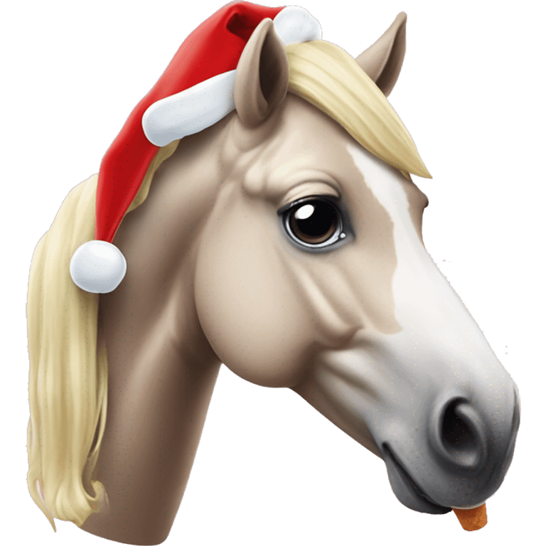 Lazy-eyed horse wearing a Santa hat and licking Nicki Minaj-shaped ice cream emoji