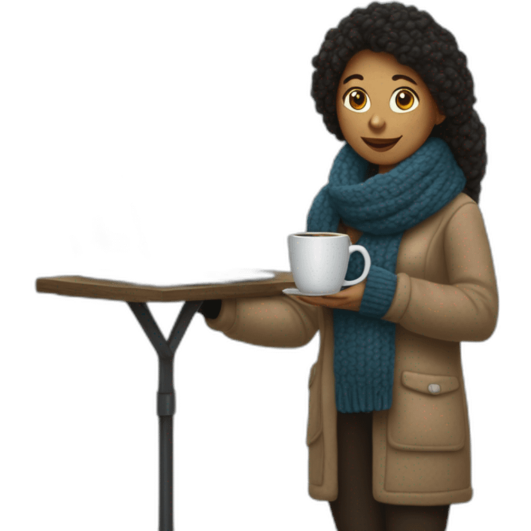 long straigh woolly shirt and black woolly scarf and holding a closed laptop on her left hand and a coffee mug on her right hand not full body shot emoji