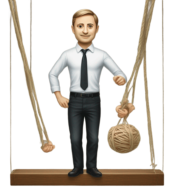 Hyper realistic Zelensky pulls the strings of a wooden doll emoji