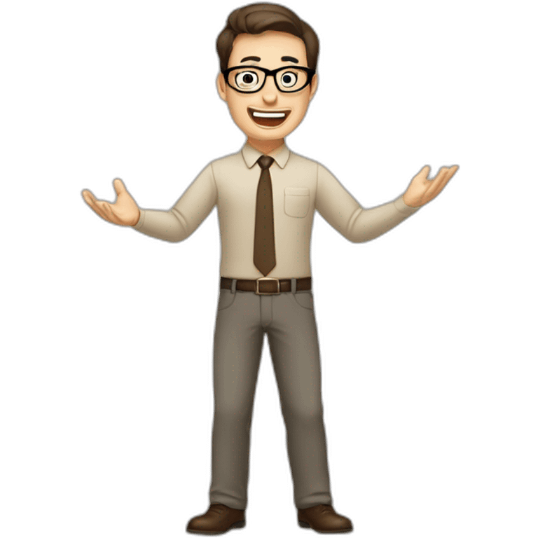 To belt Actively gesturing with hands Pale skinned fit man with dark brown hair in gray jacket, beige office shirt, brown tie, brown pants and vintage glasses. emoji